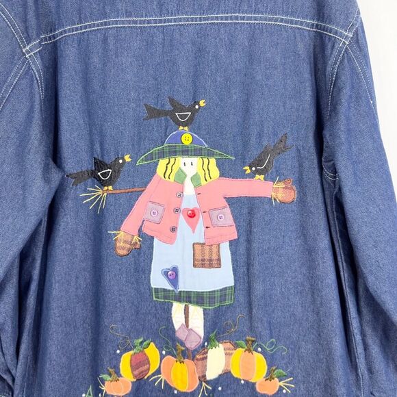 Quacker Factory Medium Denim Jacket‎ Jean Fall Autumn Scarecrow Pumpkin 1582 - Picture 9 of 11